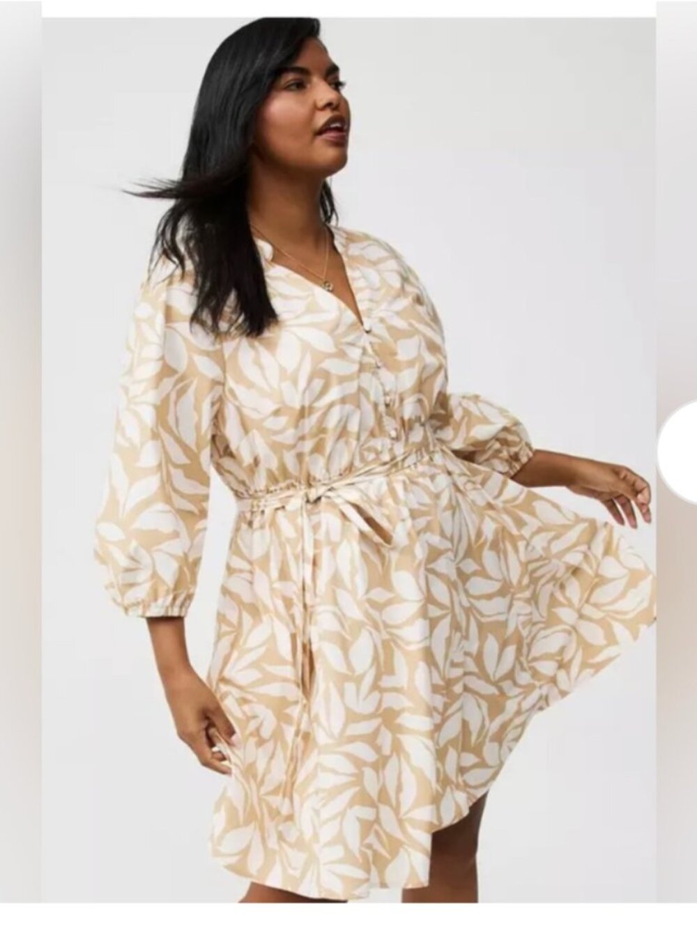 Torrid Leaf Print Belted Peasant Skater Swing Mini Dress Size 3X Tan White Boho